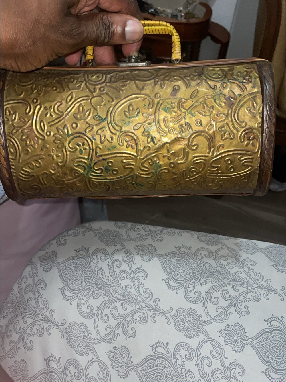 Vintage Gold-Embossed Mini Cylinder Bag with Yellow Handle